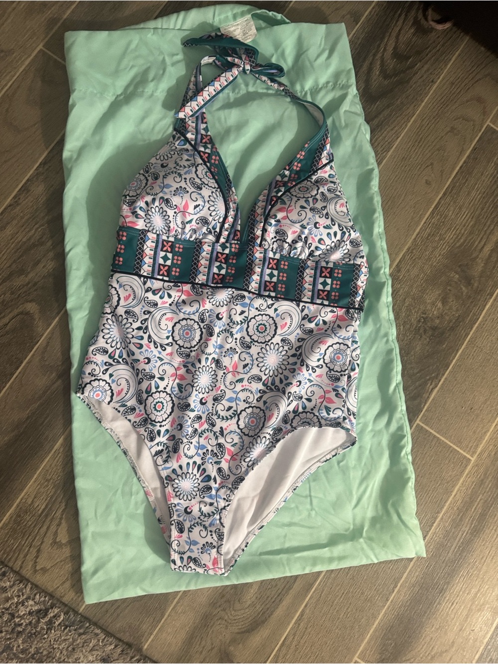 Floral Paisley One-Piece Halter Swimsuit - Teal & White